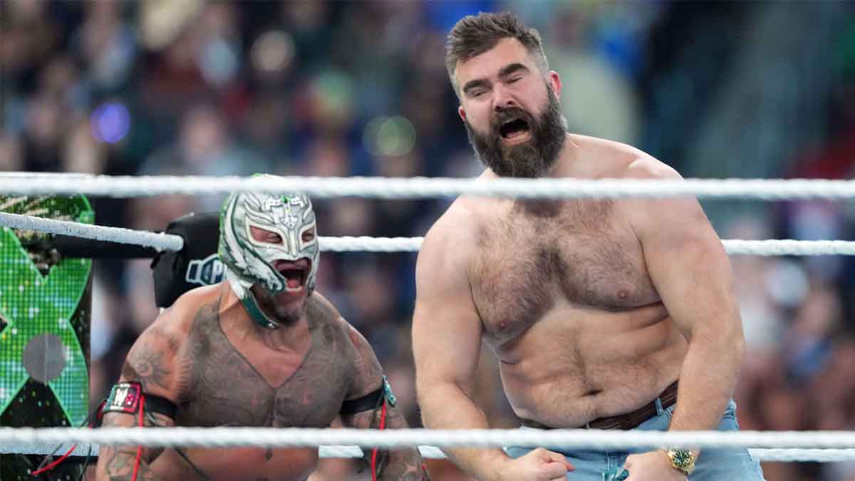 Apr 6, 2024; Philadelphia, PA, USA; Jason Kelce (right) appears during Rey Mysterio & Dragon Lee vs. Dominik Mysterio & Santos Escobar during Wrestlemania XL Saturday at Lincoln Financial Field.