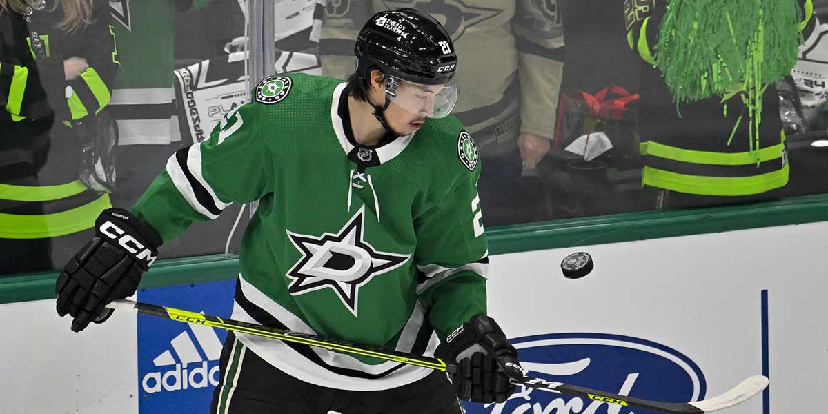 Dallas Stars left wing Jason Robertson (21) warms up prior to the game between the Dallas Stars and the Edmonton Oilers in game one of the Western Conference Final of the 2024 Stanley Cup Playoffs at American Airlines Center.
