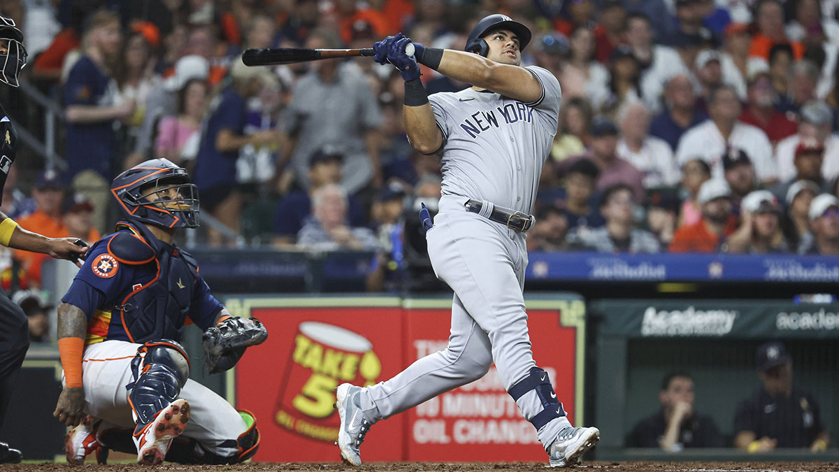 Sep 3, 2023; Houston, Texas, USA; New York Yankees center fielder Jasson Dominguez (89) hits a home run during the sixth inning against the Houston Astros at Minute Maid Park.