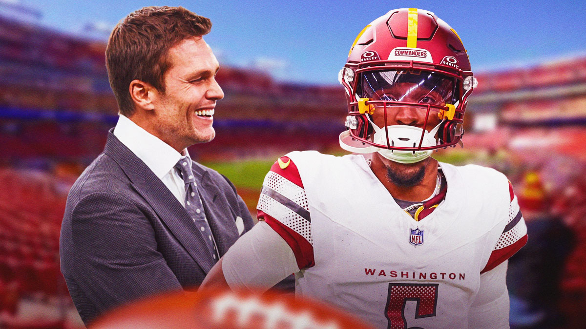 Commanders' Jayden Daniels next to Tom Brady (in a suit)