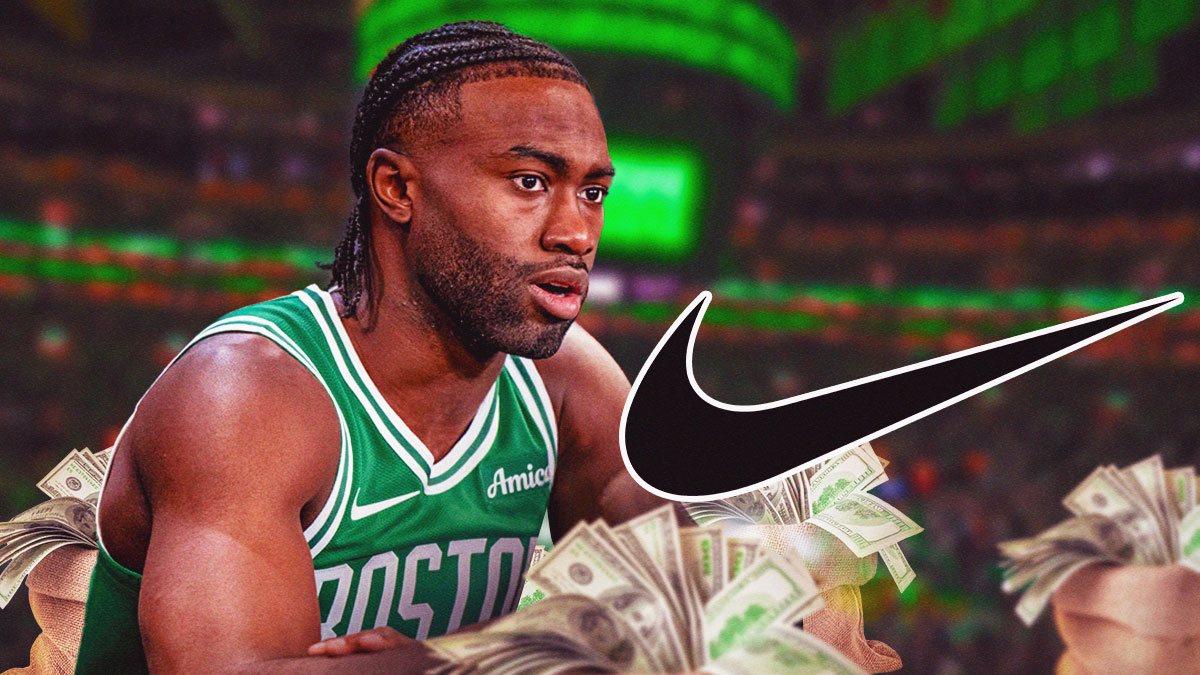 Jaylen Brown and the Nike logo facing off, with bags of money in the background