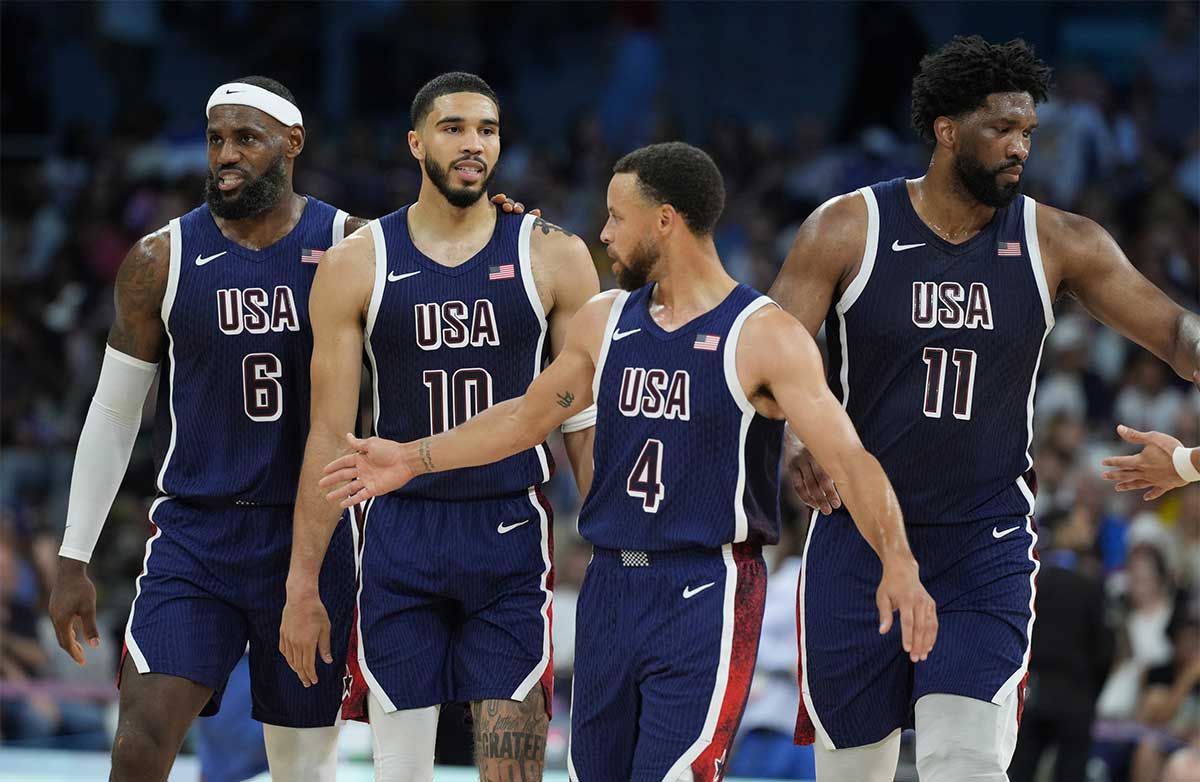 United States guard LeBron James (6), small forward Jayson Tatum (10), shooting guard Stephen Curry (4) and center Joel Embiid (11) in the second quarter against Puerto Rico during the Paris 2024 Olympic Summer Games at Stade Pierre-Mauroy.