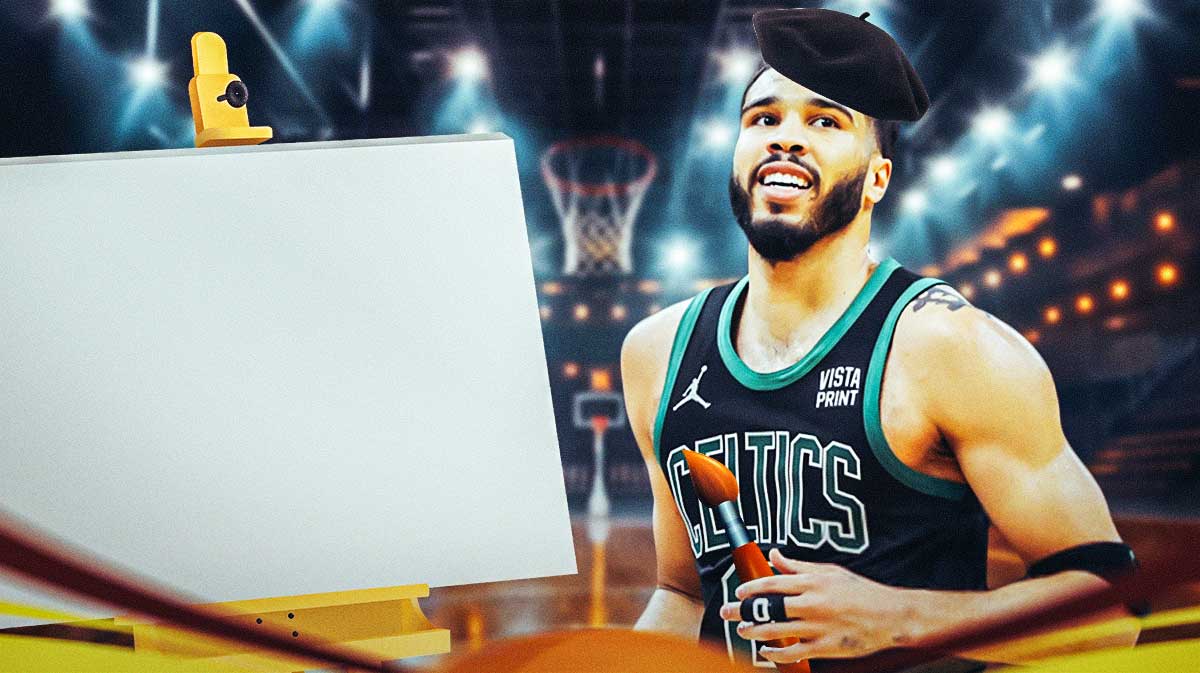 Celtics champion Jayson Tatum smiling wearing a beret with paint brushes in front of an art canvas