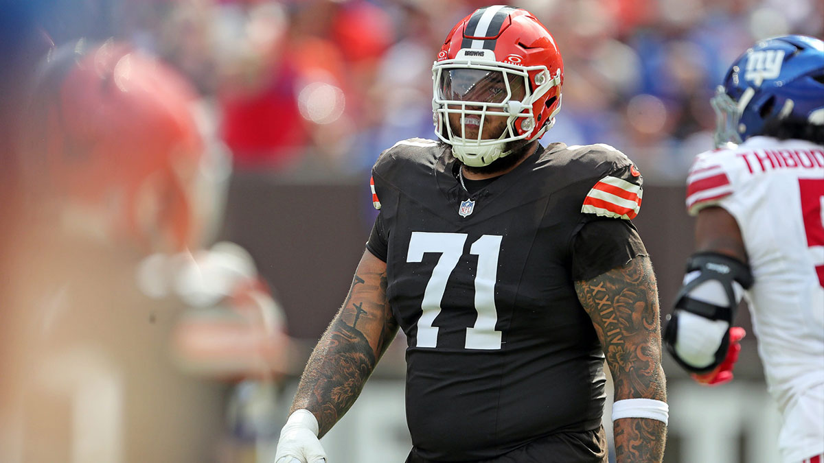 Cleveland Browns offensive tackle Jedrick Wills Jr. (71) heads back to the huddle after a play during the first half of an NFL football game against the New York Giants at Huntington Bank Field, Sunday, Sept. 22, 2024, in Cleveland, Ohio.