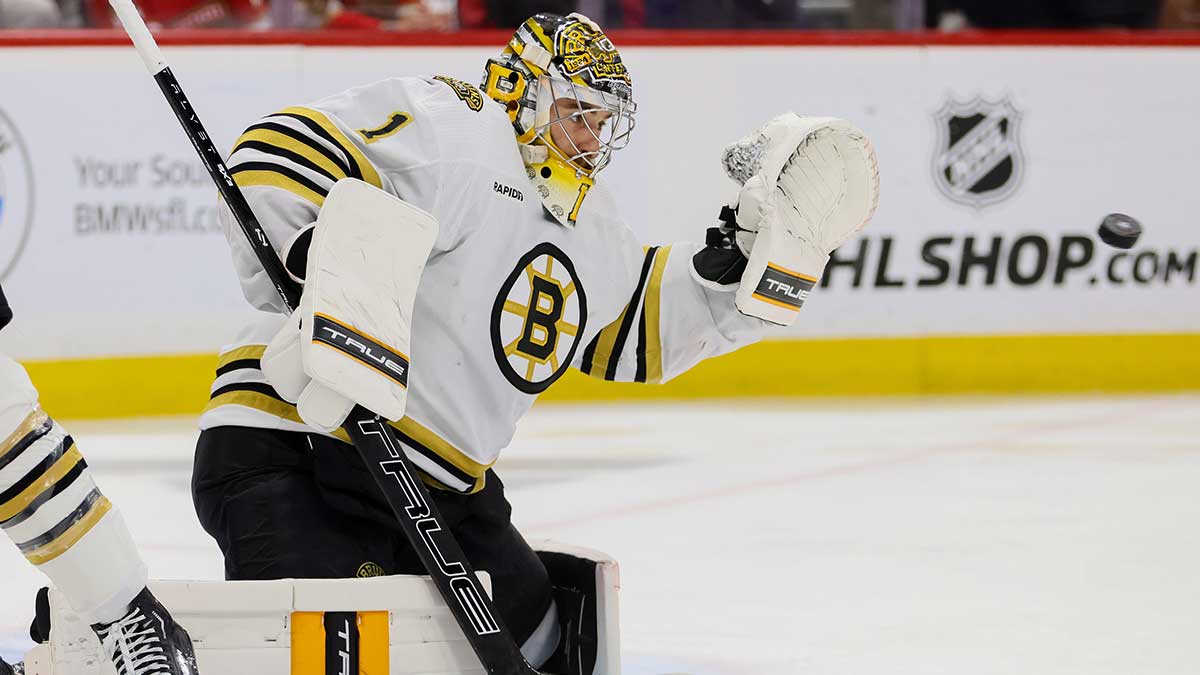Boston Bruins goaltender Jeremy Swayman (1) makes a save against the Florida Panthers during the second period in game five of the second round of the 2024 Stanley Cup Playoffs at Amerant Bank Arena.