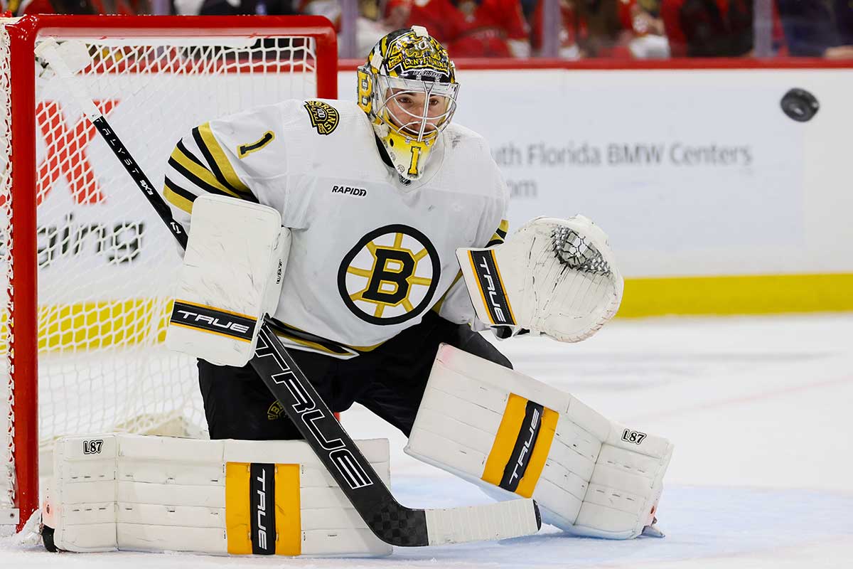 Boston Bruins goaltender Jeremy Swayman (1) defends his net against the Florida Panthers during the second period in game five of the second round of the 2024 Stanley Cup Playoffs at Amerant Bank Arena.