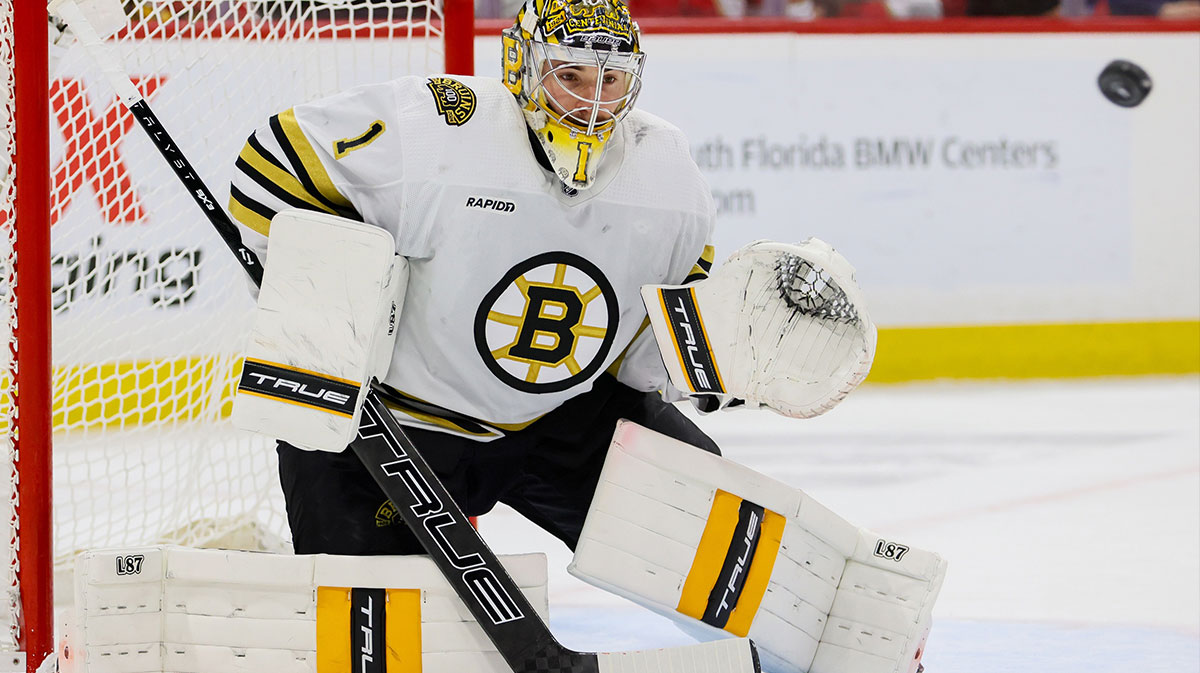 Boston Bruins goaltender Jeremy Swayman (1) defends his net against the Florida Panthers during the second period in game five of the second round of the 2024 Stanley Cup Playoffs at Amerant Bank Arena.