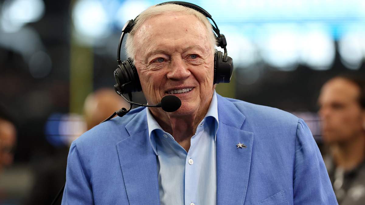  Dallas Cowboys owner Jerry Jones talks to the media before the game against the Los Angeles Chargers at AT&T Stadium