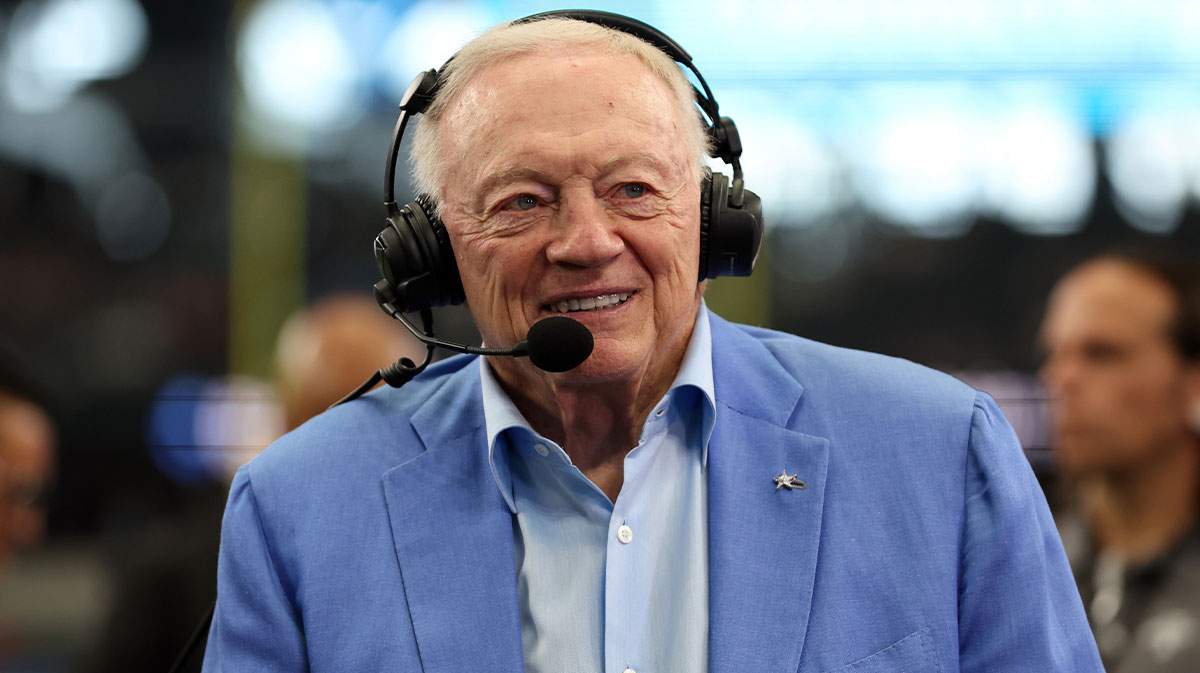 Aug 24, 2024; Arlington, Texas, USA; Dallas Cowboys owner Jerry Jones talks to the media before the game against the Los Angeles Chargers at AT&T Stadium.