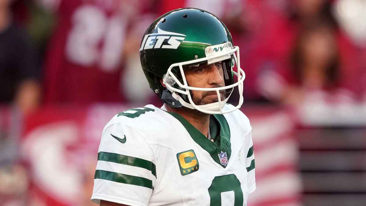 New York Jets quarterback Aaron Rodgers (8) stands on the field during the second quarter against the San Francisco 49ers at Levi's Stadium.