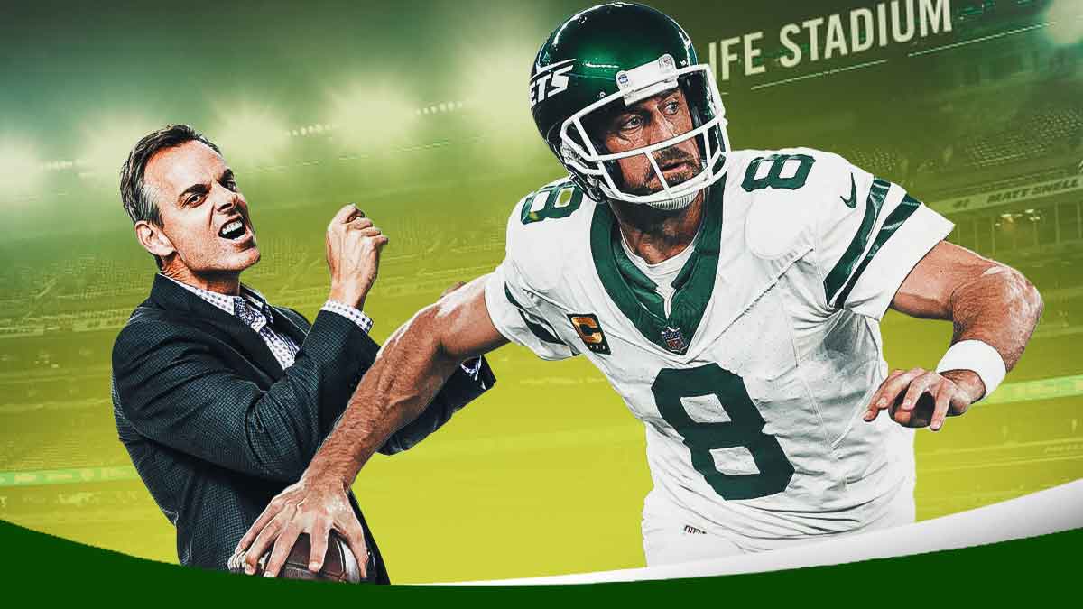 Colin Cowherd looking unhappy angry and Aaron Rodgers in a New York Jets uniform throwing a pass as Cowherd had harsh criticism for Rodgers and the Jets in his 2024 debut which ended up a jets loss.
