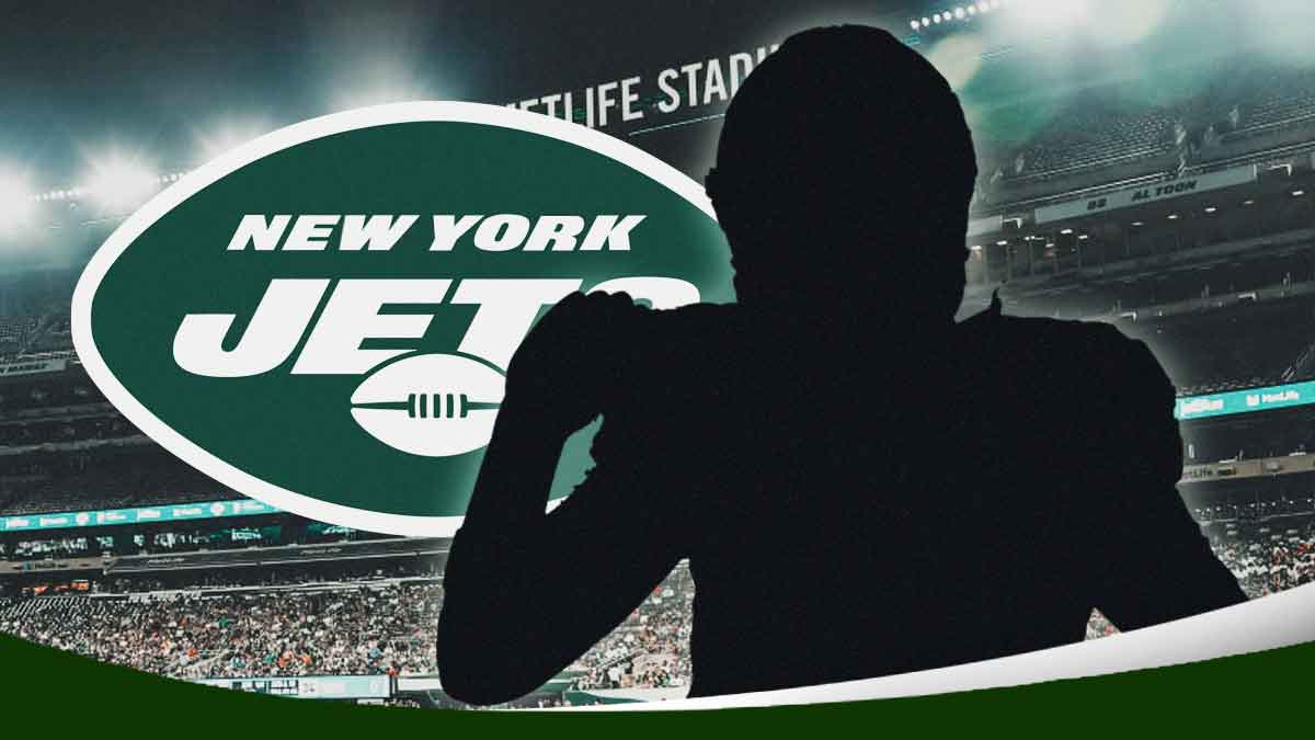 Aaron Rodgers beside silhouette of Connor McGovern with Jets logo in background