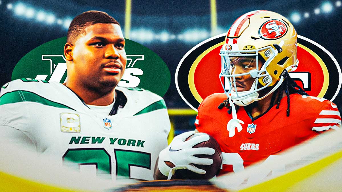 New York Jets defensive lineman Quinnen Williams with San Francisco 49ers RB Jordan Mason. There is also a logo for the New York Jets.