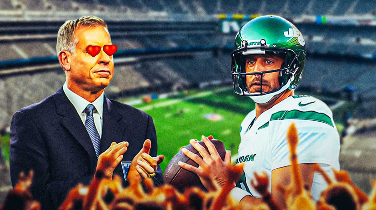 Troy Aikman with heart eyes looking at Aaron Rodgers in a Jets uniform.
