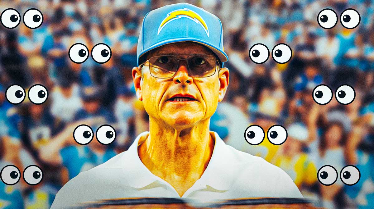 Jim Harbaugh on one side, a bunch of Los Angeles Chargers fans on the other side with the big eyes emojis around them