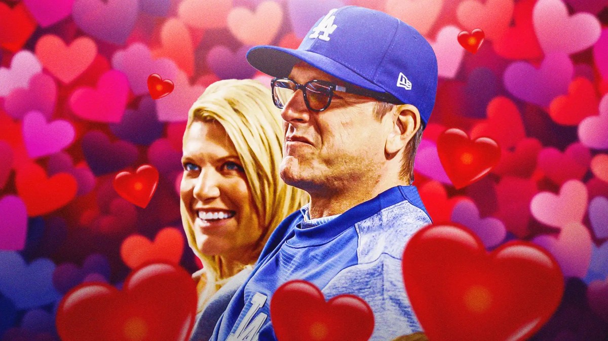 Michigan football coach Jim Harbaugh and Sarah Feuerborn Harbaugh surrounded by hearts.
