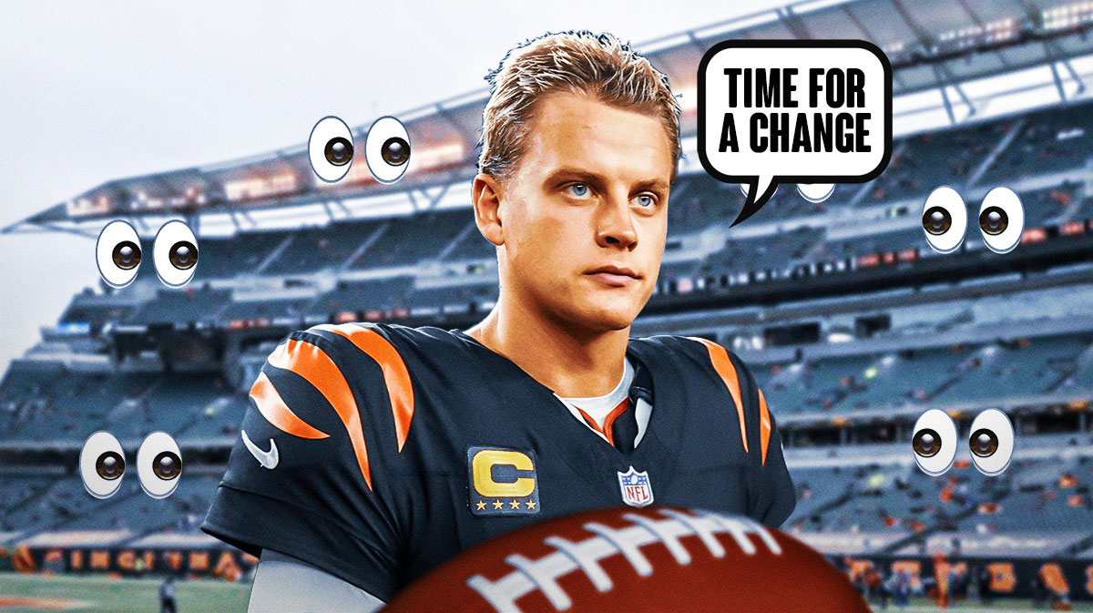 Joe Burrow with a speech bubble that says "Time for a change" a bunch of big eyes emojis in the background