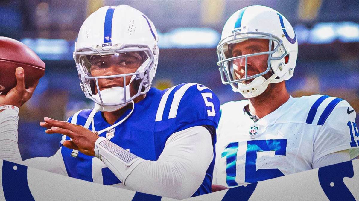 Indianapolis Colts star Joe Flacco and Anthony Richardson in front of Lucas Oil Stadium.