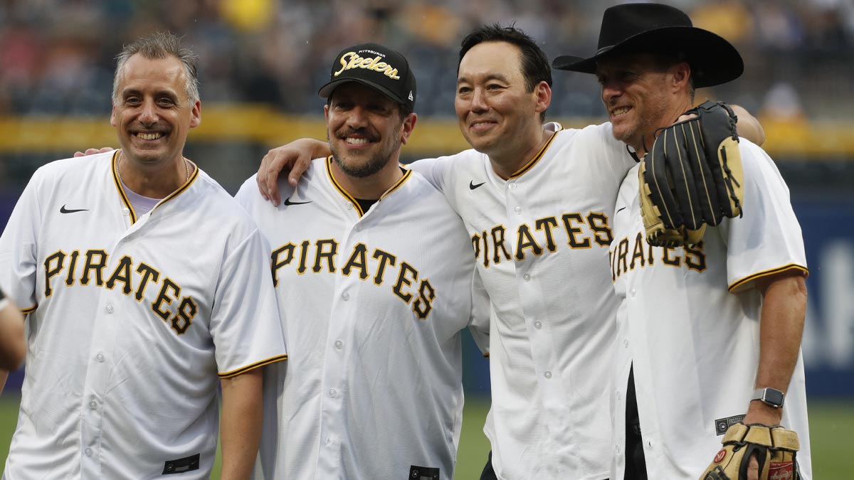Joe Gatto, Sal Vulcano, Steve Byrne, and Brendan Wayne at Pittsburgh Pirates game in 2023.