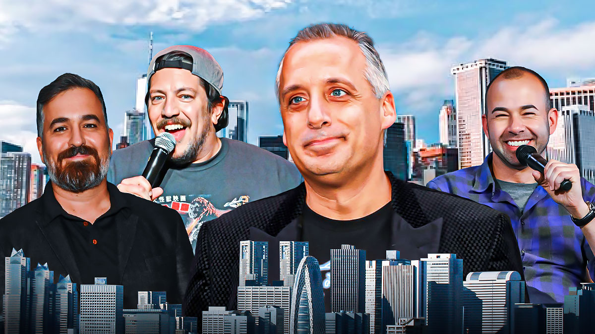 Impractical Jokers stars Brian Quinn, Sal Vulcano, Joe Gatto, and James Murray with New York City background.