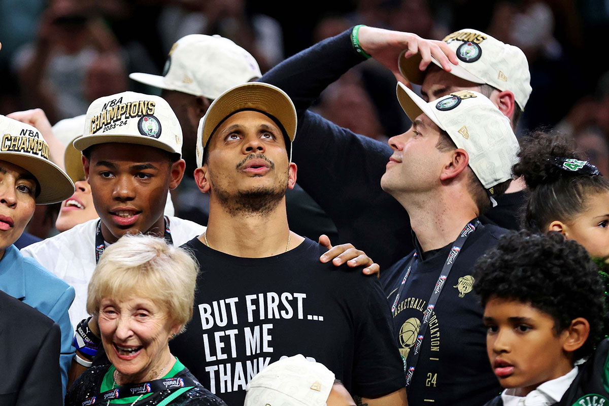 Boston Celtics head coach Joe Mazzulla celebrates after beating the Dallas Mavericks in game five of the 2024 NBA Finals to win the NBA Championship at TD Garden.