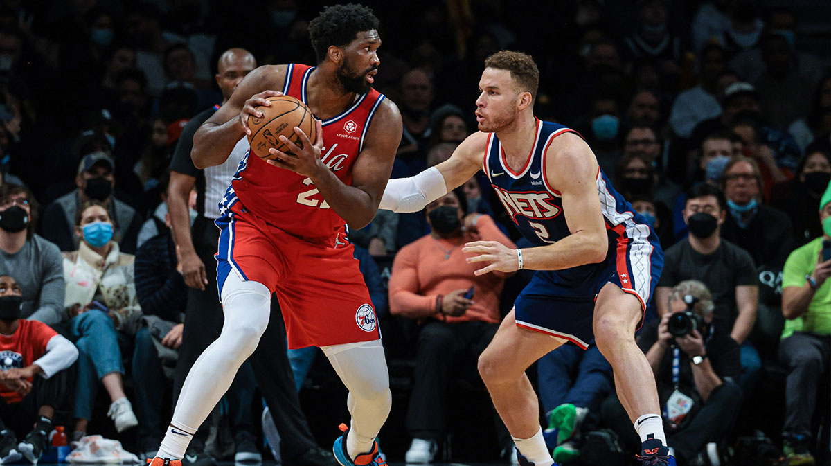 Philadelphia 76ers center Joel Embiid (21) shields the ball from Brooklyn Nets forward Blake Griffin (2) during the second half at Barclays Center.