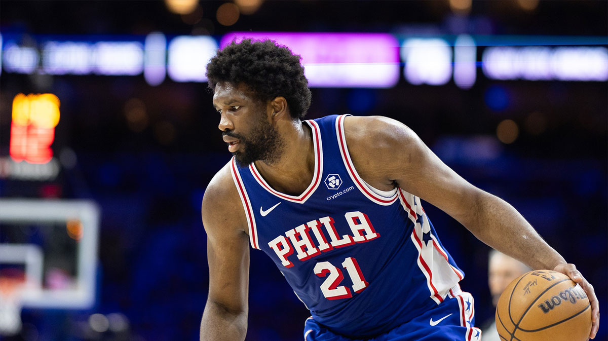 Philadelphia 76ers center Joel Embiid (21) in action against the New York Knicks during game six of the first round for the 2024 NBA playoffs at Wells Fargo Center.