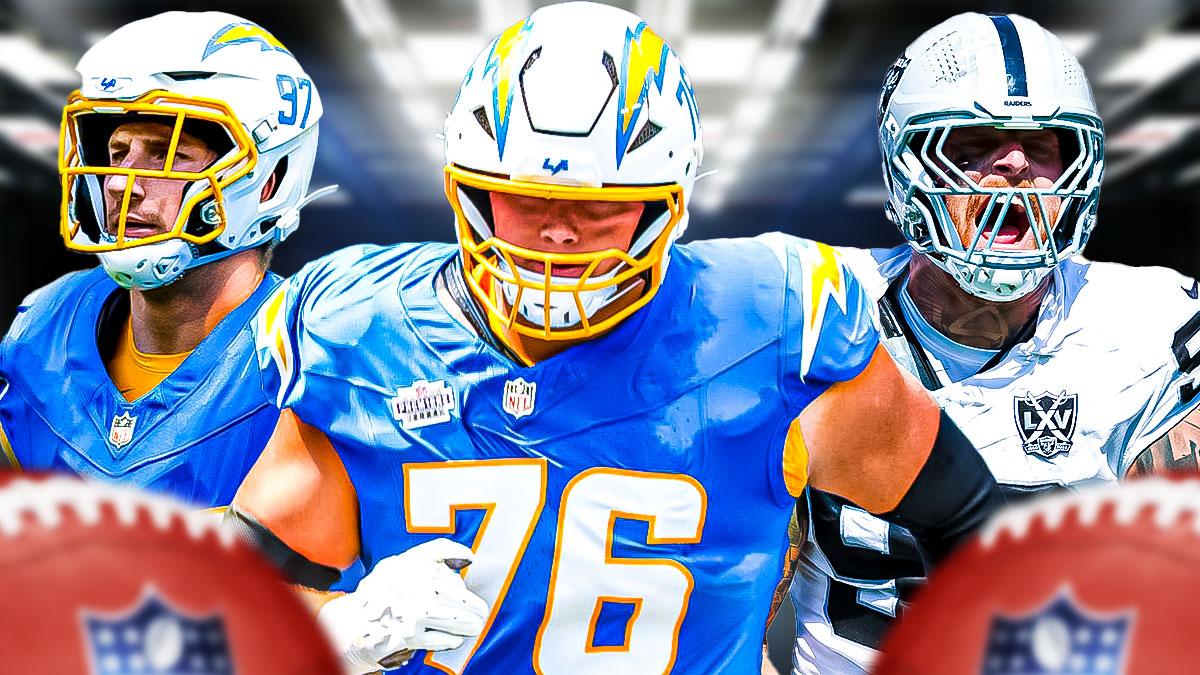 Chargers' OT Joe Alt and Joey Bosa with Raiders Maxx Crosby