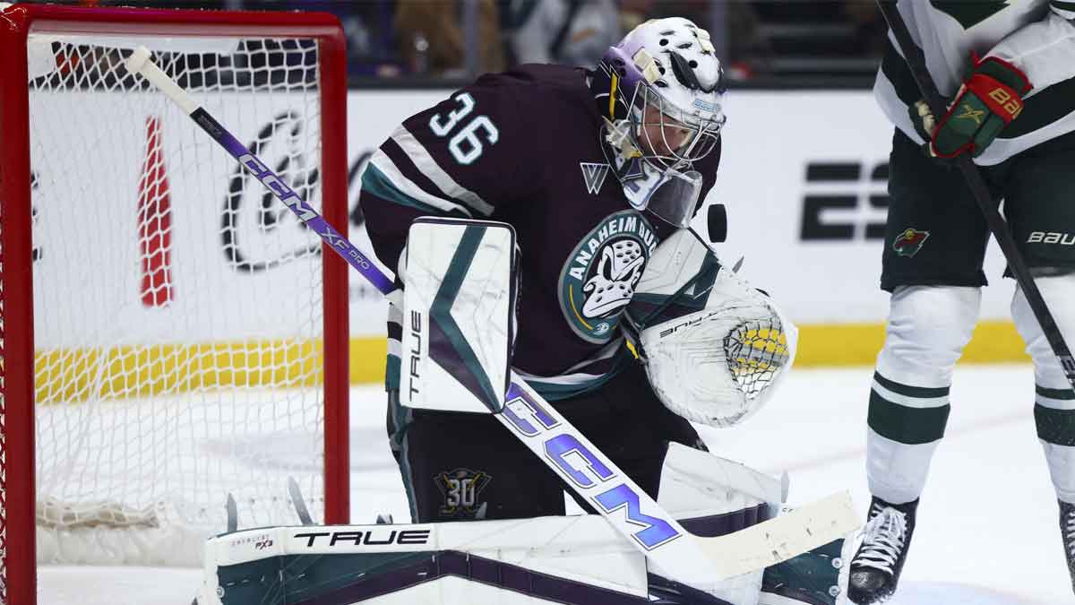 Anaheim Ducks goaltender John Gibson (36) makes a save during the third period of a game against the Minnesota Wild against the Minnesota Wild at Honda Center.