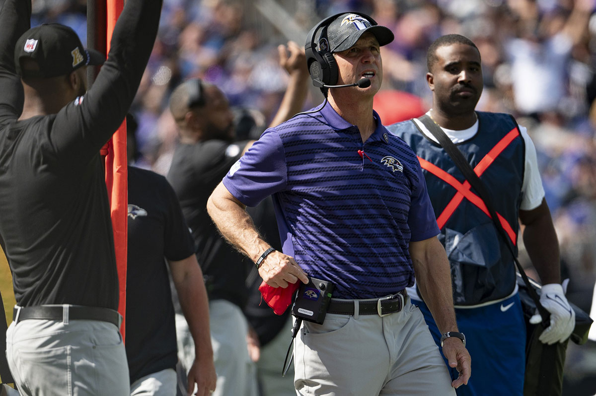 Baltimore Ravens head coach Baltimore Ravens head coach John Harbaugh looks on to the field during the first half against the Las Vegas Raiders at M&T Bank Stadium. 