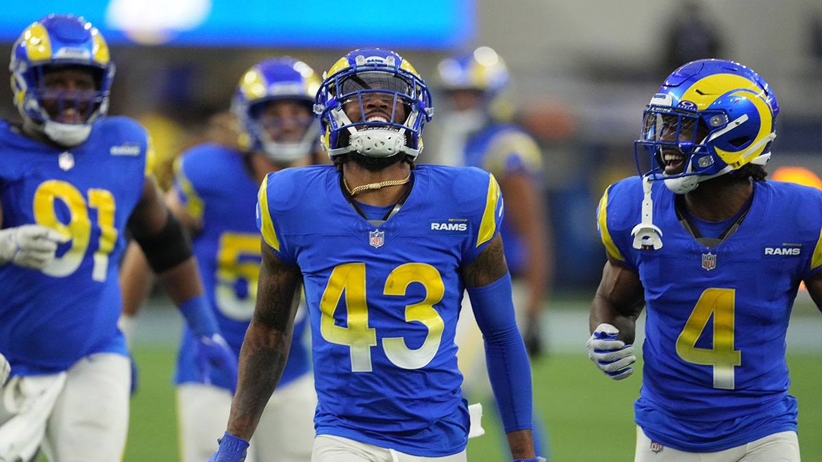 Los Angeles Rams safety John Johnson III (43) celebrates after intercepting a pass against the Washington Commanders in the second half at SoFi Stadium.