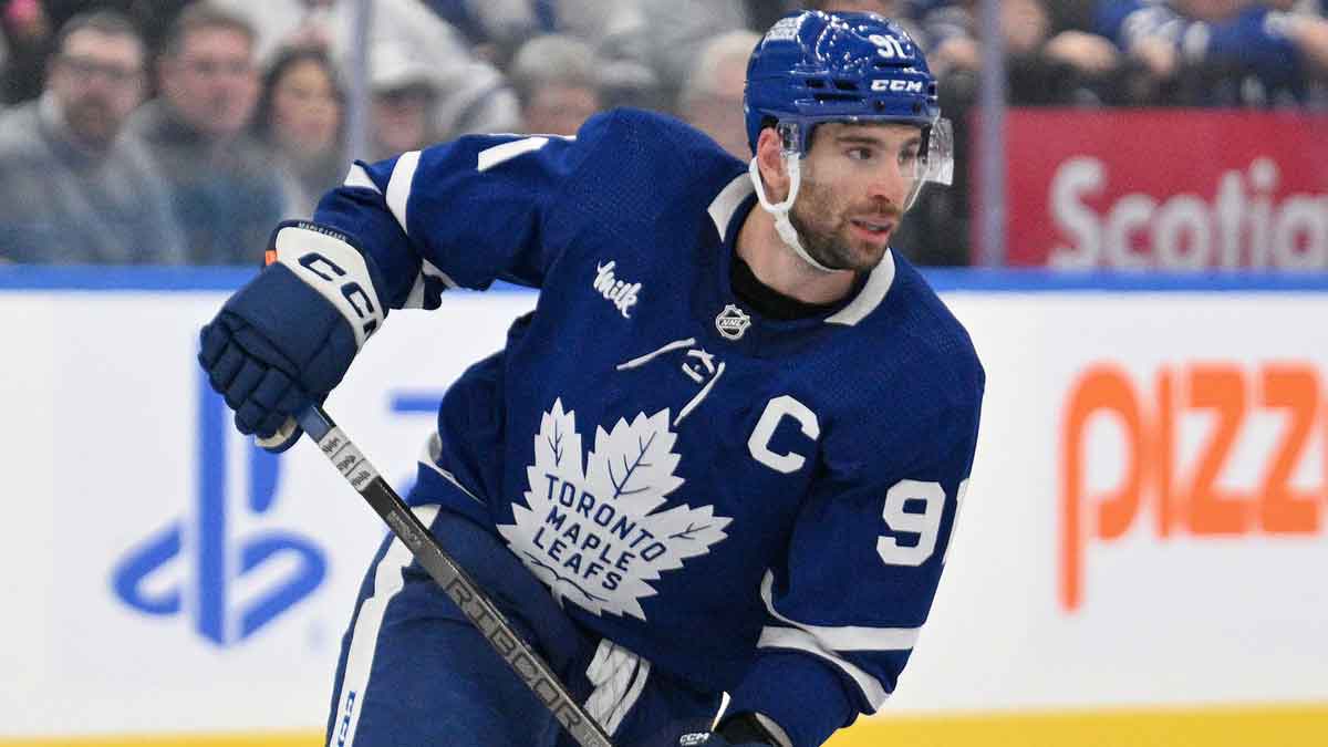 Toronto Maple Leafs forward John Tavares (91) pursues the play against the Boston Bruins in the third period in game six of the first round of the 2024 Stanley Cup Playoffs at Scotiabank Arena.
