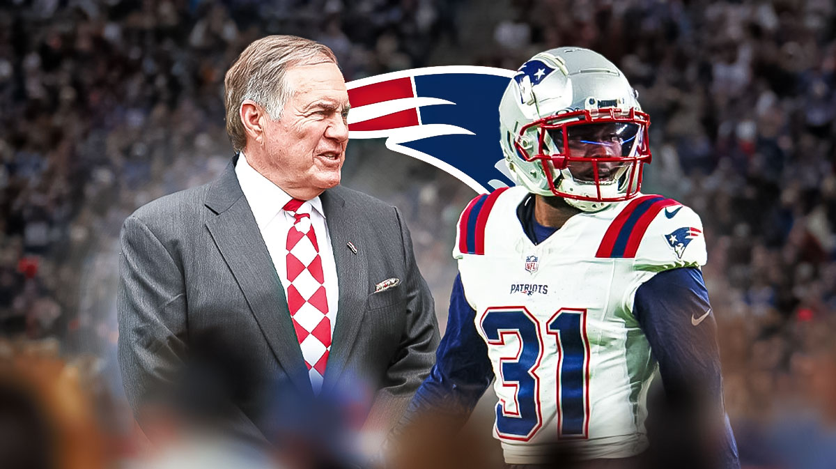 Patriots' Jonathan Jones next to Bill Belichick and the Patriots logo with a football field in the background