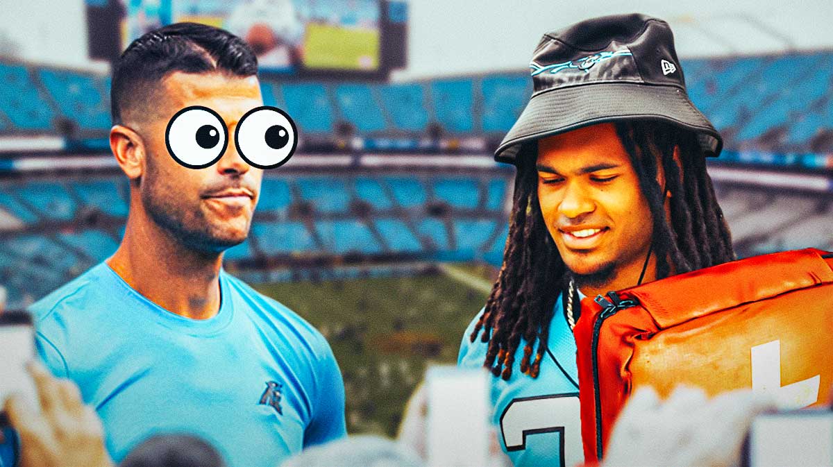 Jonathon Brooks (in a Carolina Panthers uniform if he isn't already) on one side with an injury kit in front of him, Dave Canales on the other side with the big eyes emoji over his face