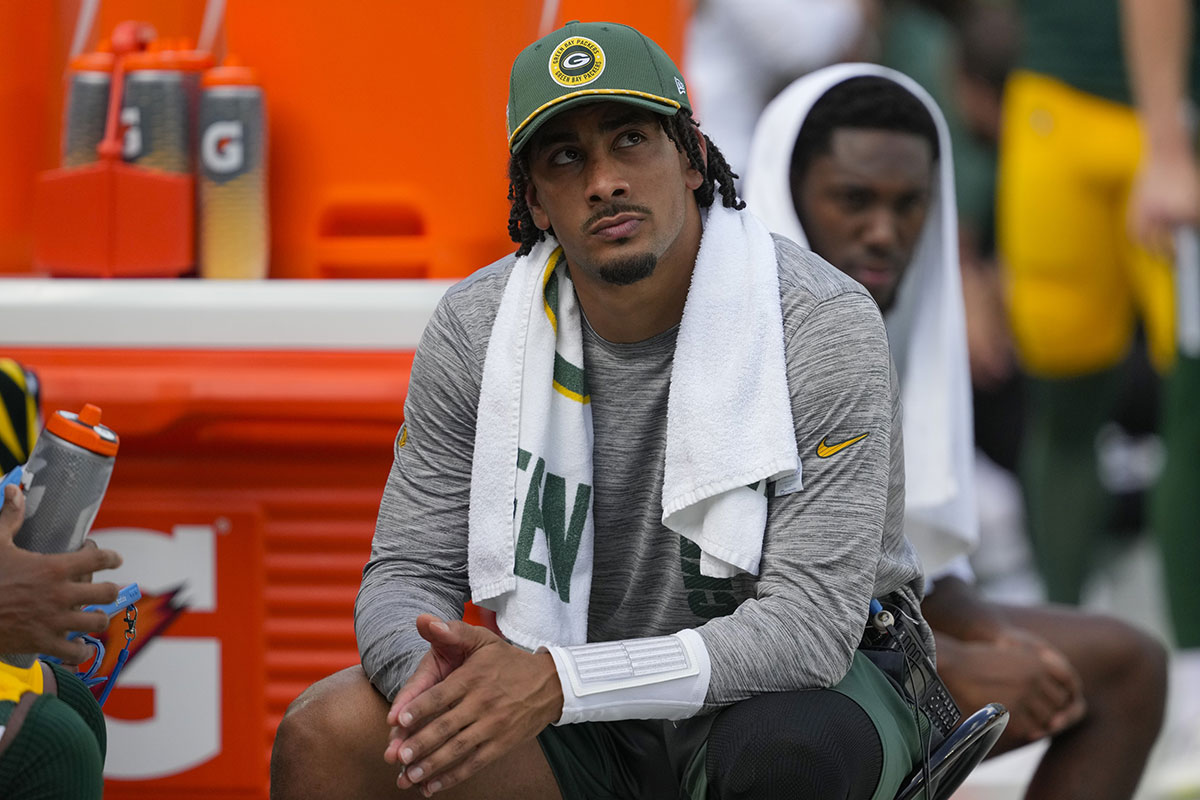 Green Bay Packers quarterback Jordan Love looks on from the sidelines during the fourth quarter against the Indianapolis Colts at Lambeau Field.
