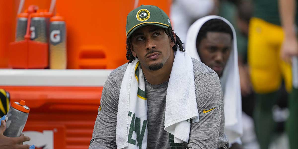 Sep 15, 2024; Green Bay, Wisconsin, USA; Green Bay Packers quarterback Jordan Love looks on from the sidelines during the fourth quarter against the Indianapolis Colts at Lambeau Field.