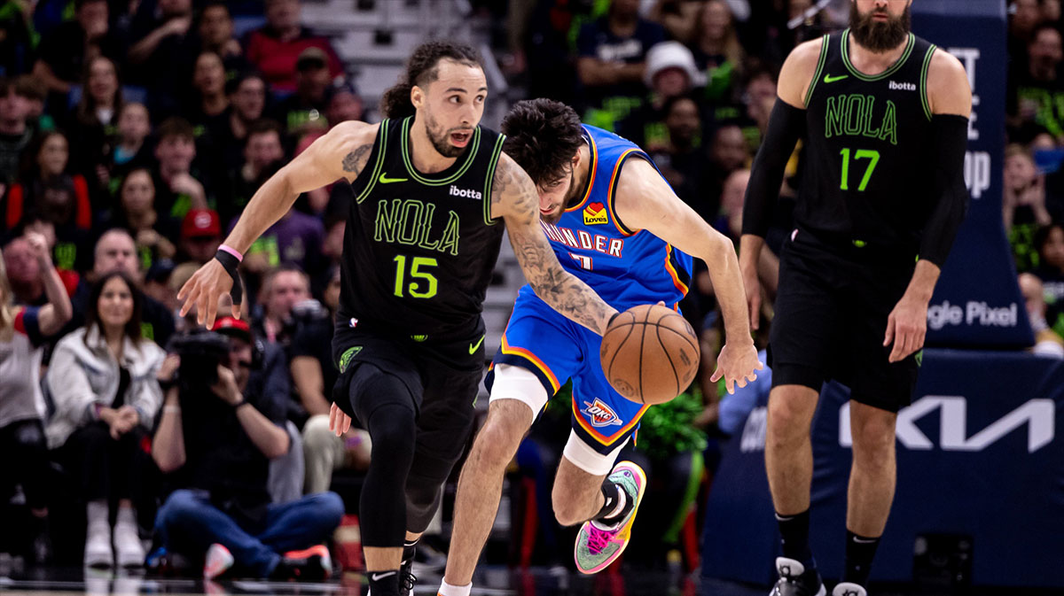 New Orleans Pelicans guard Jose Alvarado (15) brings the ball up court against Oklahoma City Thunder forward Chet Holmgren (7) during the first half of game four of the first round for the 2024 NBA playoffs at Smoothie King Center.