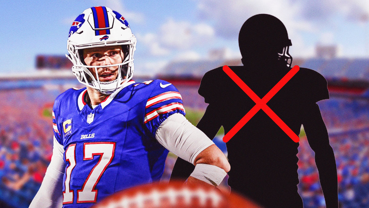 Bills' Josh Allen and a blacked out football player silhouette with a big red X across the chest
