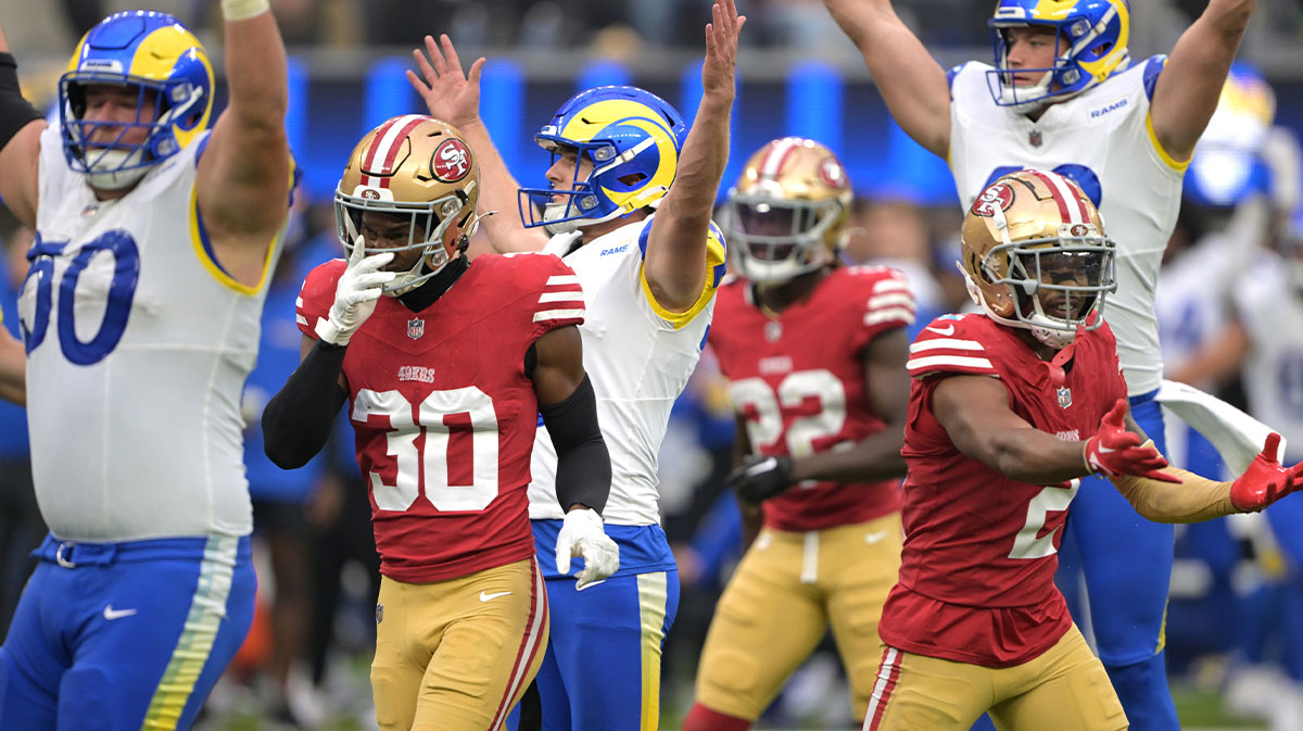 Los Angeles Rams place kicker Joshua Karty (16), center, celebrates after scoring the game winning field goal in the fourth quarter against the San Francisco 49ers at SoFi Stadium.