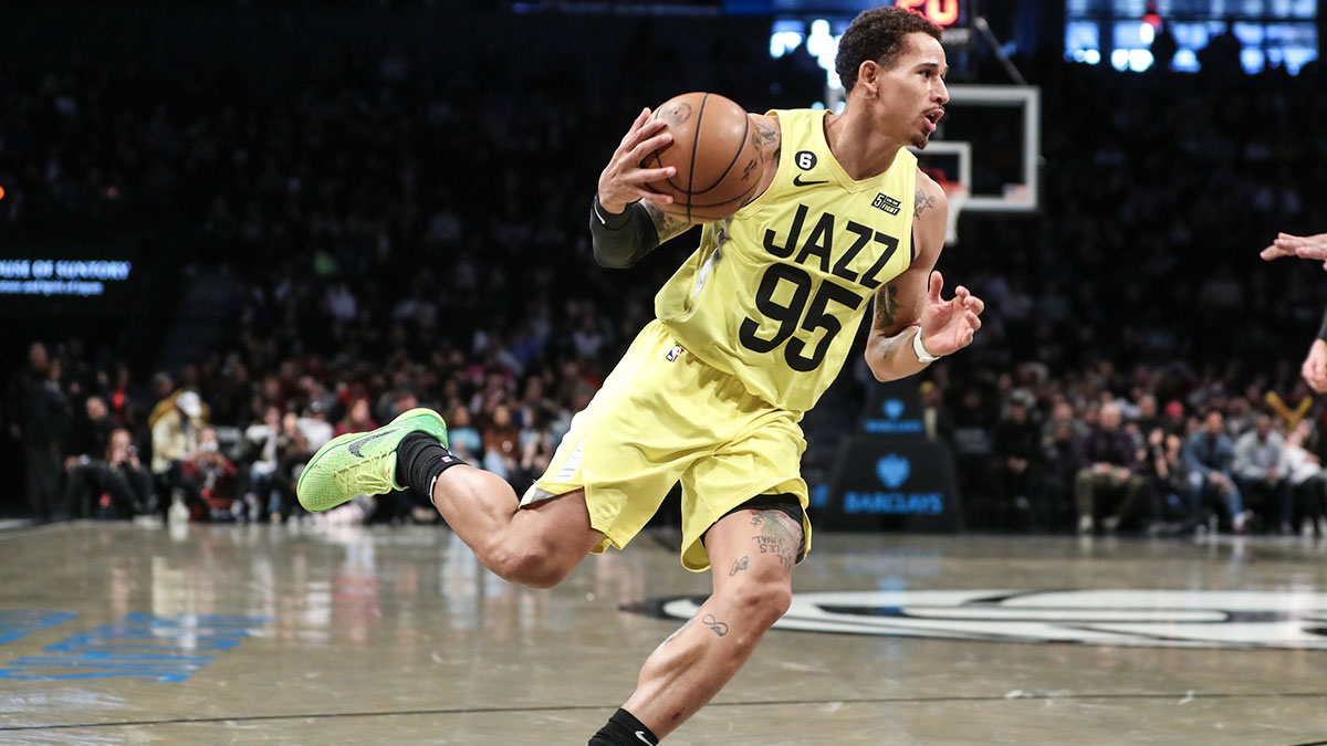 Utah Jazz forward Juan Toscano-Anderson (95) drives to the basket in the fourth quarter against the Utah Jazz at Barclays Center.