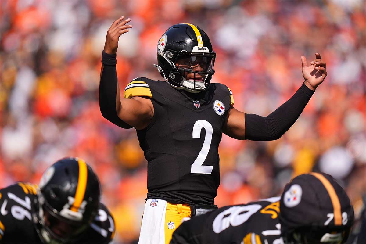 Pittsburgh Steelers quarterback Justin Fields (2) during the first quarter against the Denver Broncos at Empower Field at Mile High.