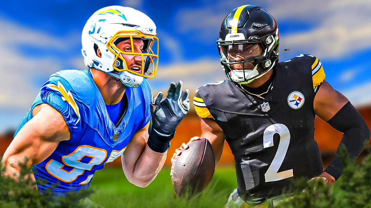 Justin Fields in Pittsburgh Steelers uniform running the ball with Joey Bosa in a Los Angeles Chargers uniform as Bosa is tired of chasing running quarterbacks.