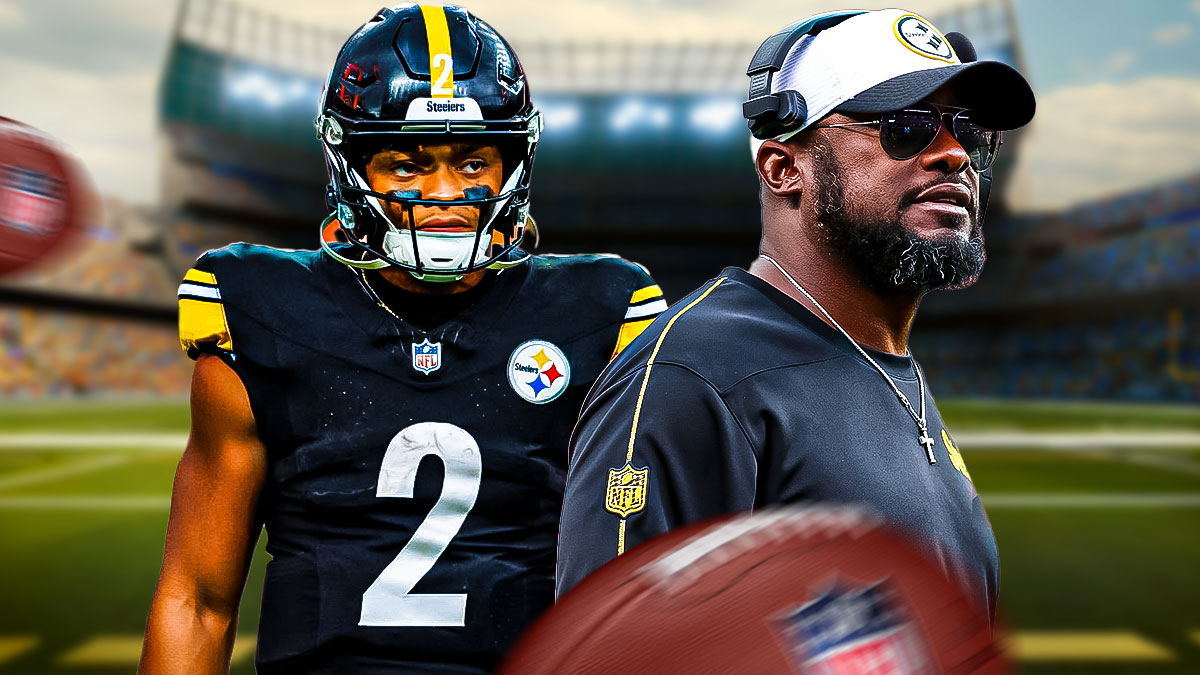 Justin Fields and Mike Tomlin in front of a football field
