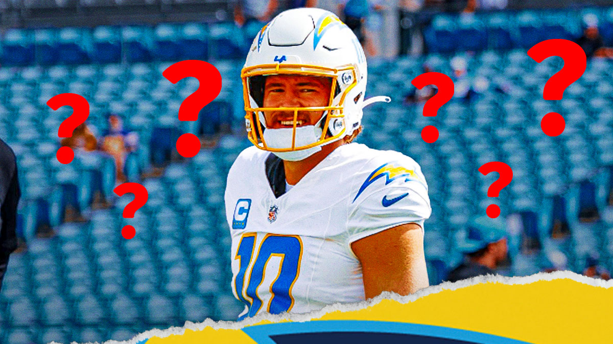 Justin Herbert with question mark emojis surrounding him.