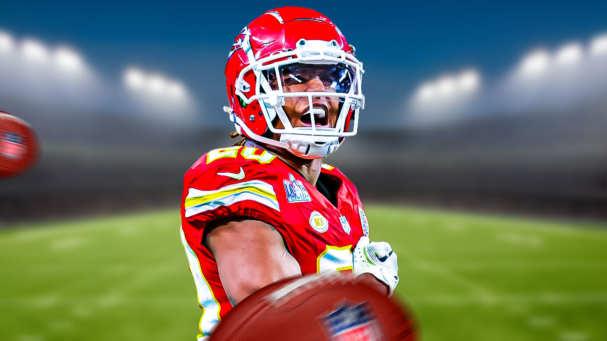 Kansas City Chiefs star Justin Reid in front of Arrowhead Stadium.