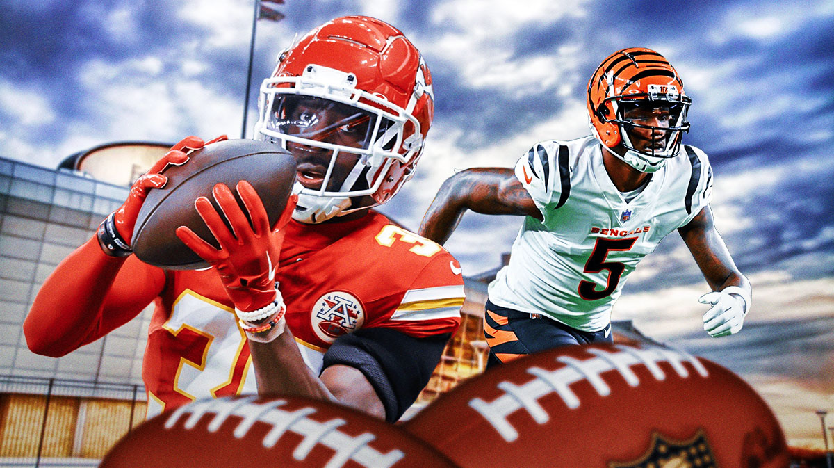Jaylen Watson in a Chiefs jersey and Tee Higgins in a Bengals jersey.