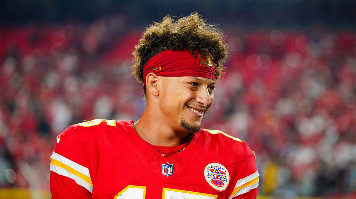 Kansas City Chiefs quarterback Patrick Mahomes (15) speaks with media after the win over the Baltimore Ravens at GEHA Field at Arrowhead Stadium.