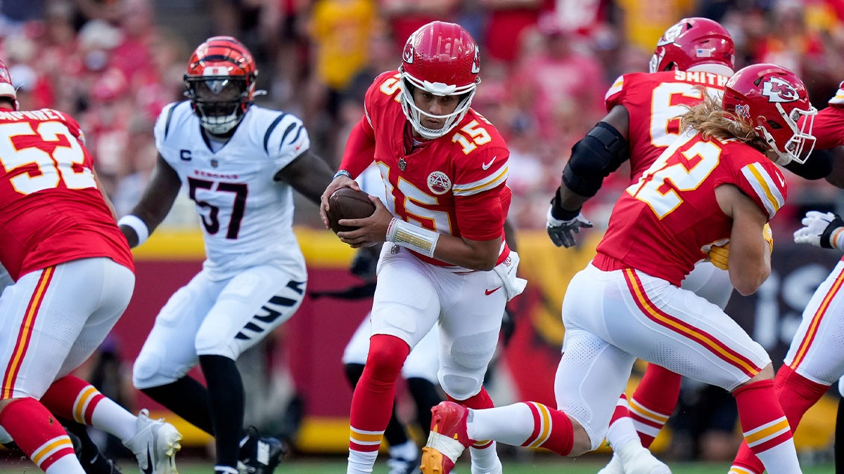 Kansas City Chiefs quarterback Patrick Mahomes (15) runs out of the pocket in the first quarter of the NFL Week 2 game between the Kansas City Chiefs and the Cincinnati Bengals at Arrowhead Stadium in Kansas City on Sunday, Sept. 15, 2024. The Bengals led 16-10 at halftime.