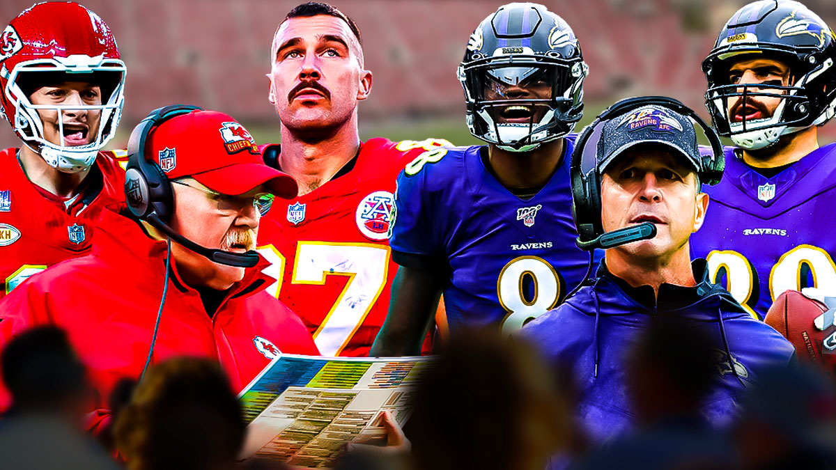 Pat Mahomes, Andy Reid, and Travis Kelce stand next to John Harbaugh, Lamar Jackson, and Mark Andrews