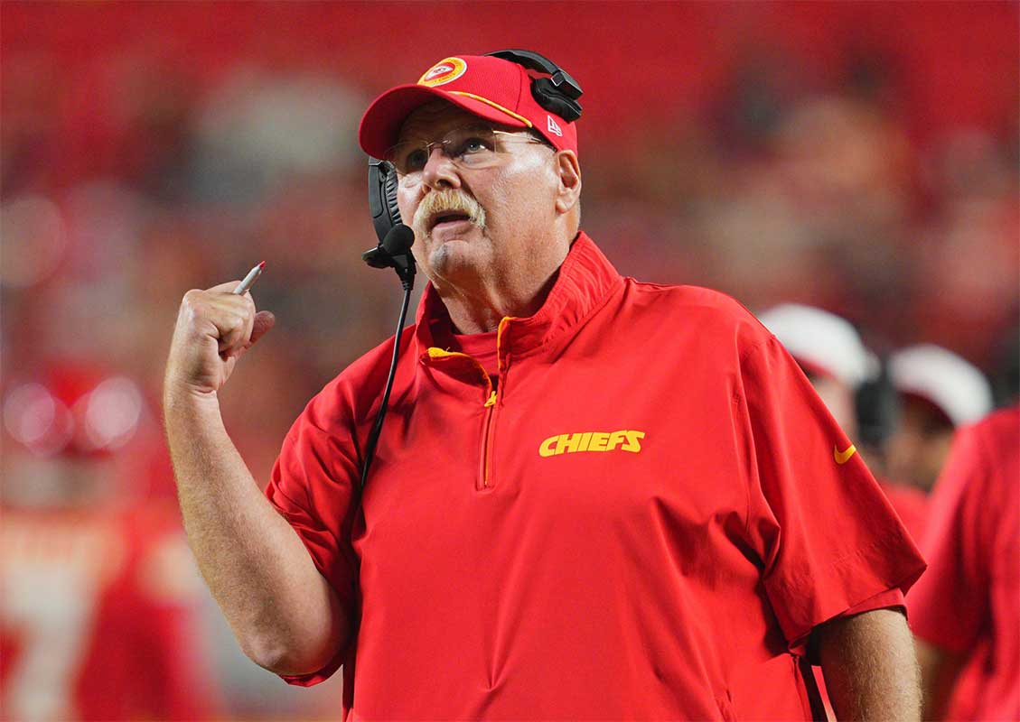 Kansas City Chiefs head coach Andy Reid reacts to a touchdown during the second half against the Chicago Bears at GEHA Field at Arrowhead Stadium.